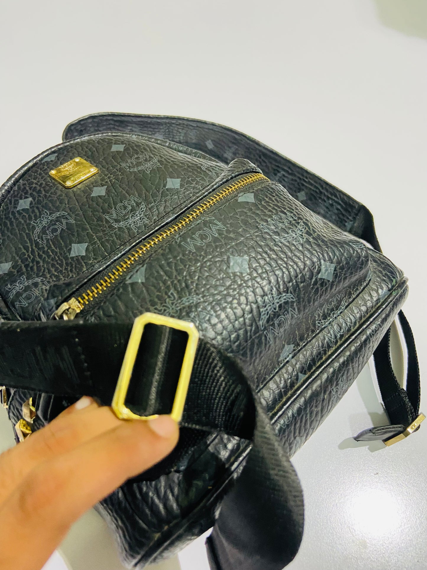 MCM Stark Backpack bag in black Visetos canvas.