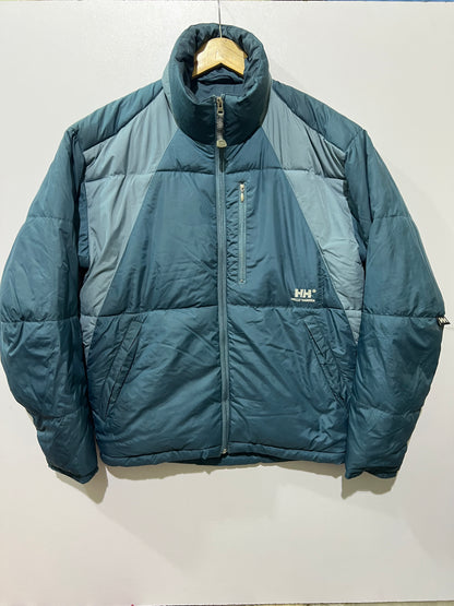 vintage teal Helly Hansen puffer jacket features a prominently embroidered logo