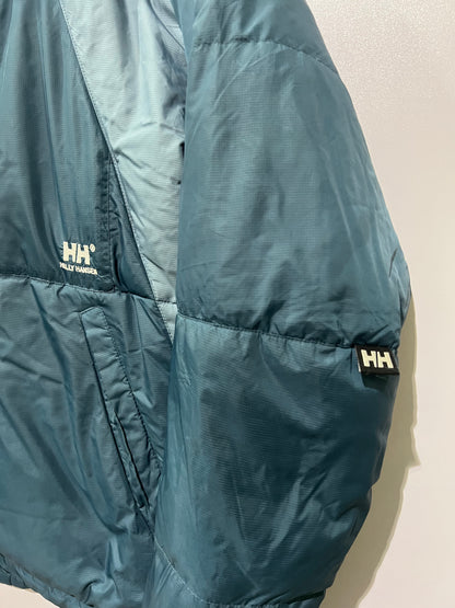 vintage teal Helly Hansen puffer jacket features a prominently embroidered logo